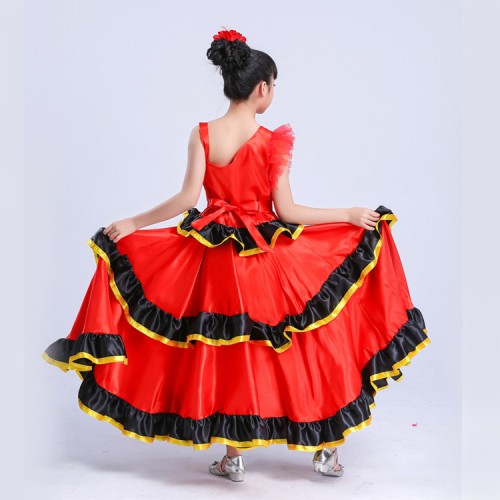 Kids red flamenco dresses Spanish  folk bull dance stage performance big skirted costumes dresses